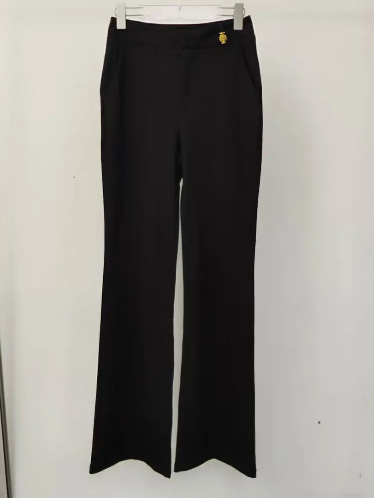 Retro spring and summer women's new black iron buckle decoration slim bell-bottoms elegant pocket fashion Joker pants.
