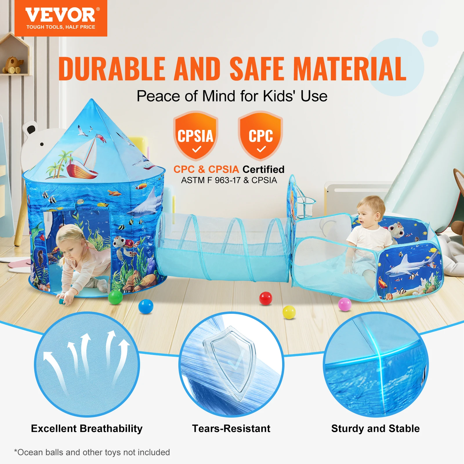 VEVOR 3 in 1 Kids Play Tent with Tunnel Basketball Hoop for Boys Girls Babies and Toddlers Indoor/Outdoor Pop Up Playhouse Gifts