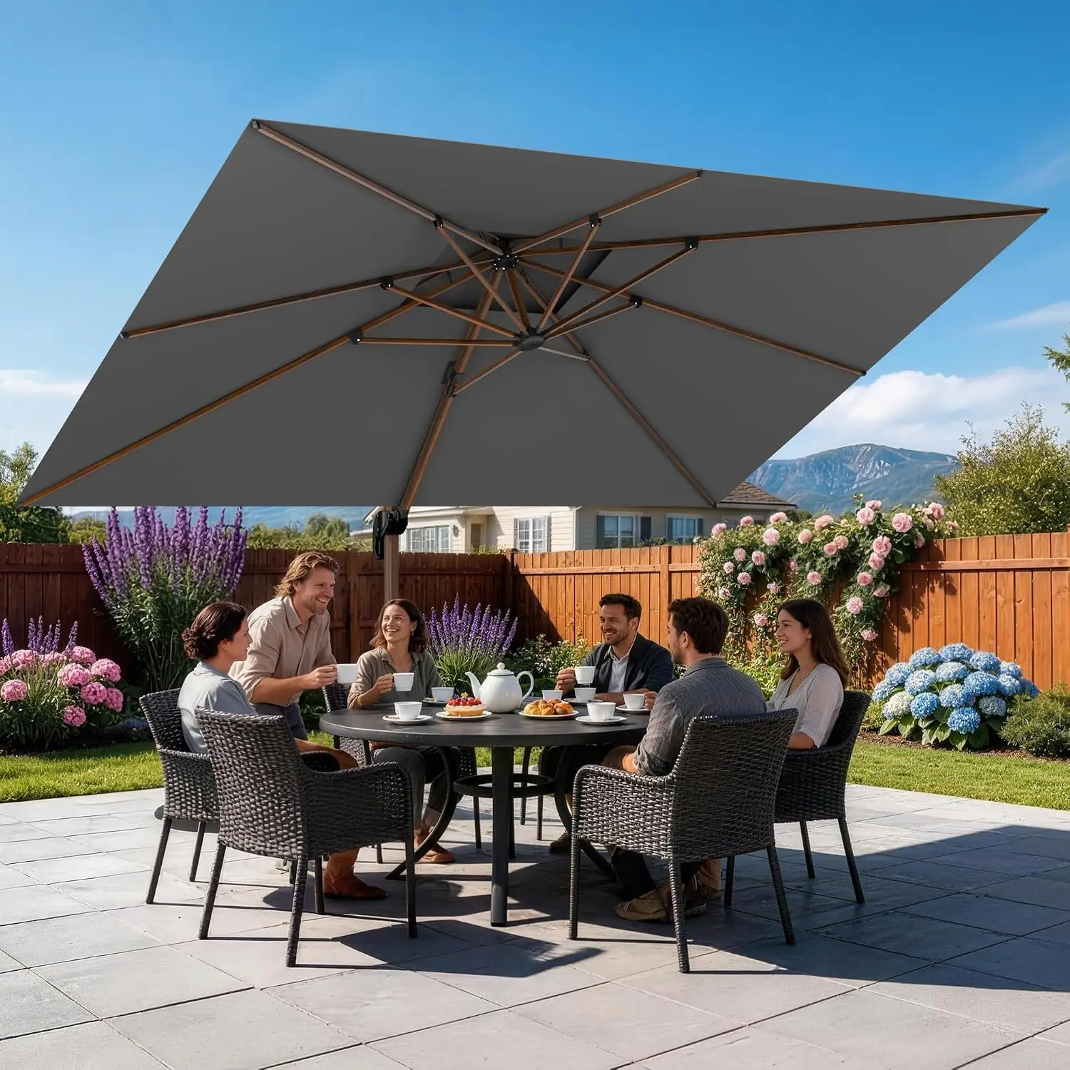 10x13FT Rectangle Cantilever Patio Umbrella w/Base Included, Deluxe Wood Pattern Pole & 7 Angle Tilts, Customized
