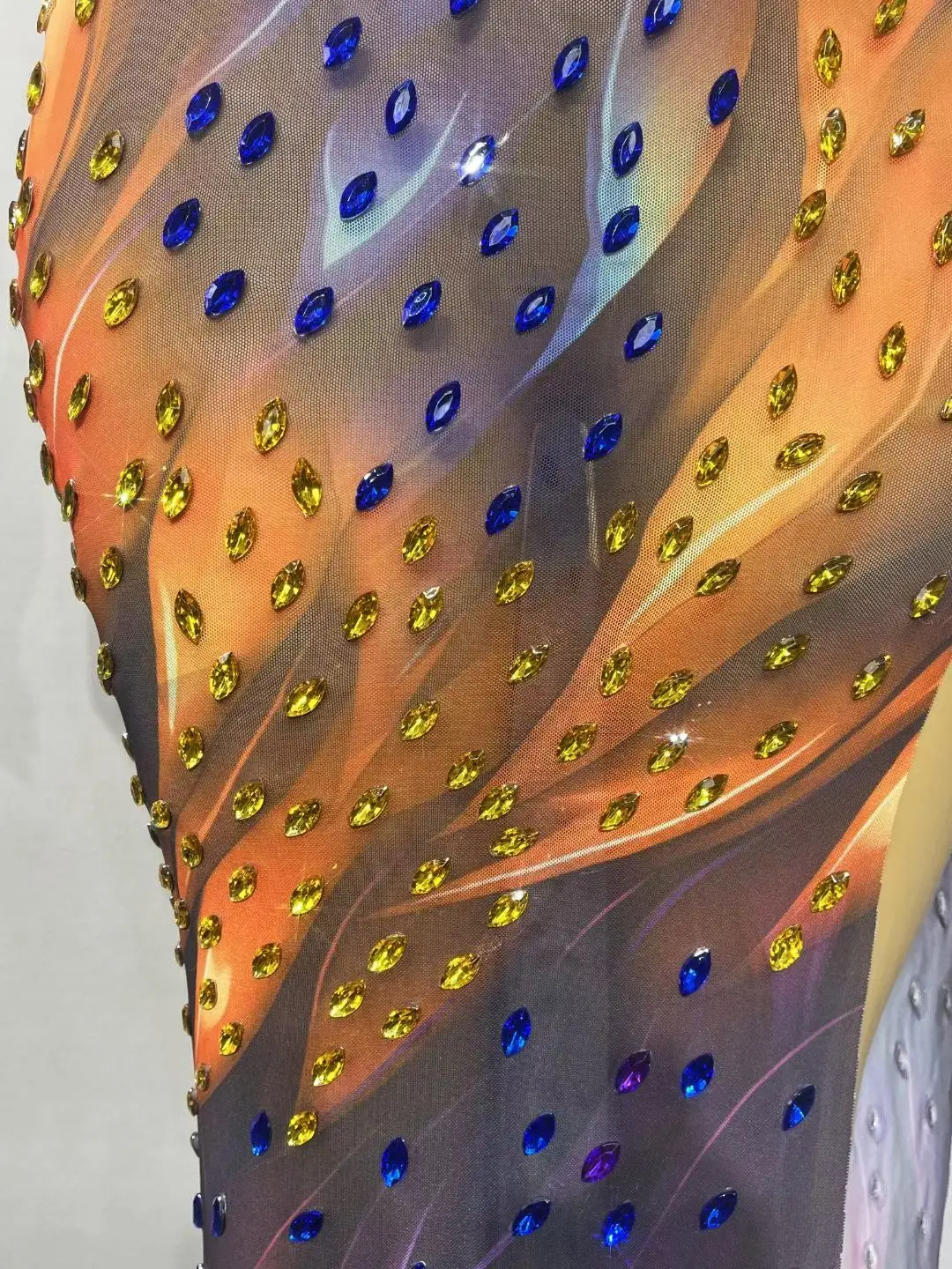 Caidi Gradient Fluid Art Print Rhinestone Mermaid Maxi Dress Spaghetti Strap V Neck High Side Slit Club Stage Outfit for Women