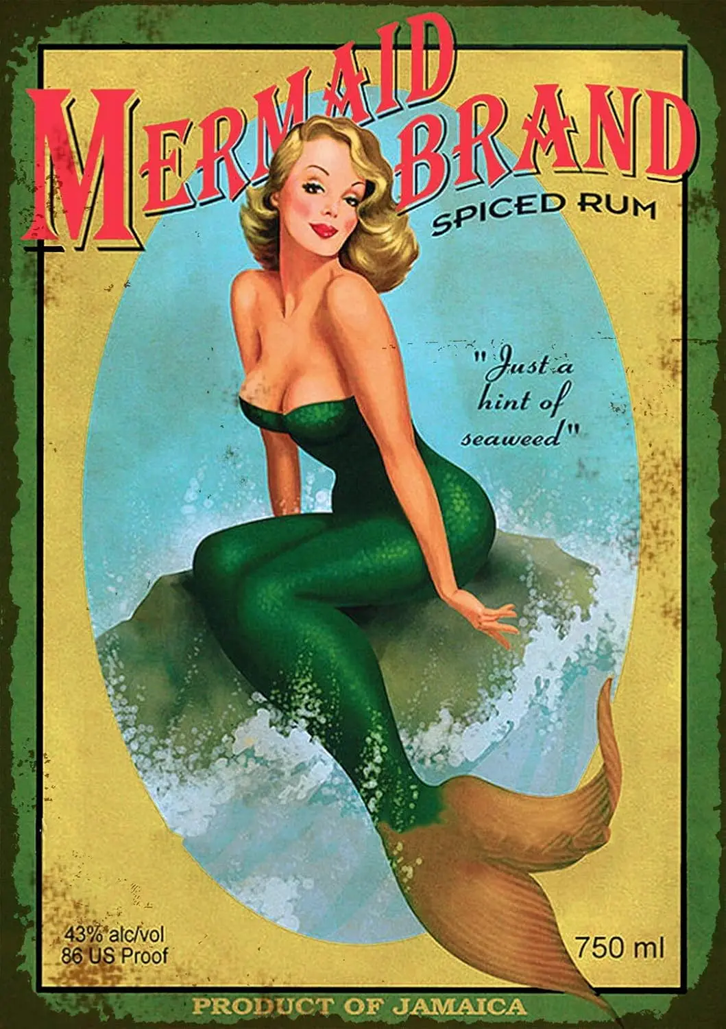 Sylty Vintage Pin-Up Girl Mermaid Jamaica Rum Jamaican Wall Art Funny Metal Tin Sign -aluminum