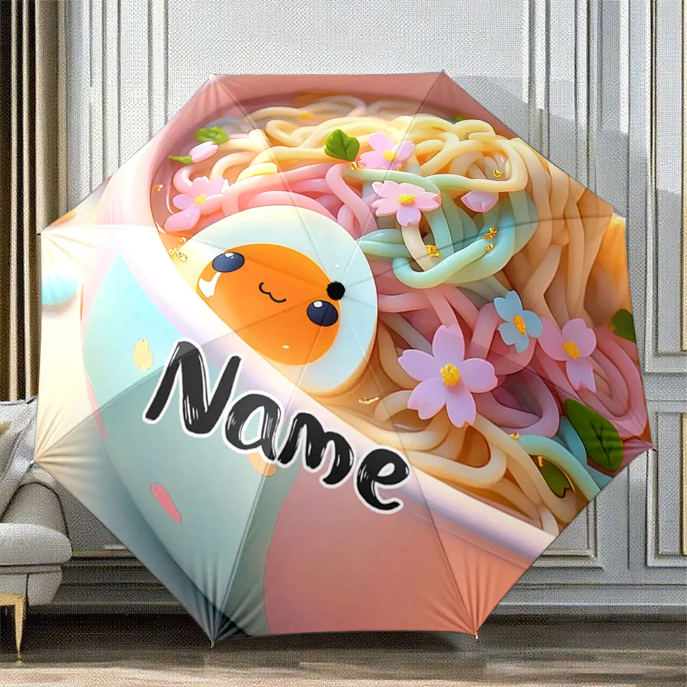 Custom Name Umbrella Cute Cartoon Egg and Noodles Design with Sakura Flowers Portable Folding Umbrella,Christmas Gift