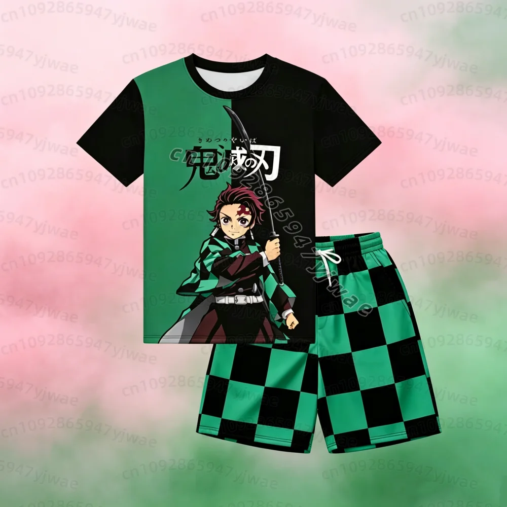 26 men Demon Slayer Nezuko Anime Printed Soft Short Sleeve T Shirt And Shorts Pajama Set  Cute Home Pajama Suit