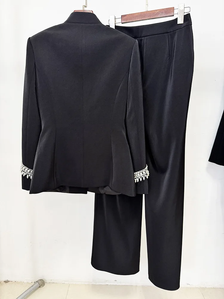 HIGH STREET Newest 2025 Designer Suit Women Beaded Diamonds Stand Collar Jacket Pants Suit 2pcs Set ﻿