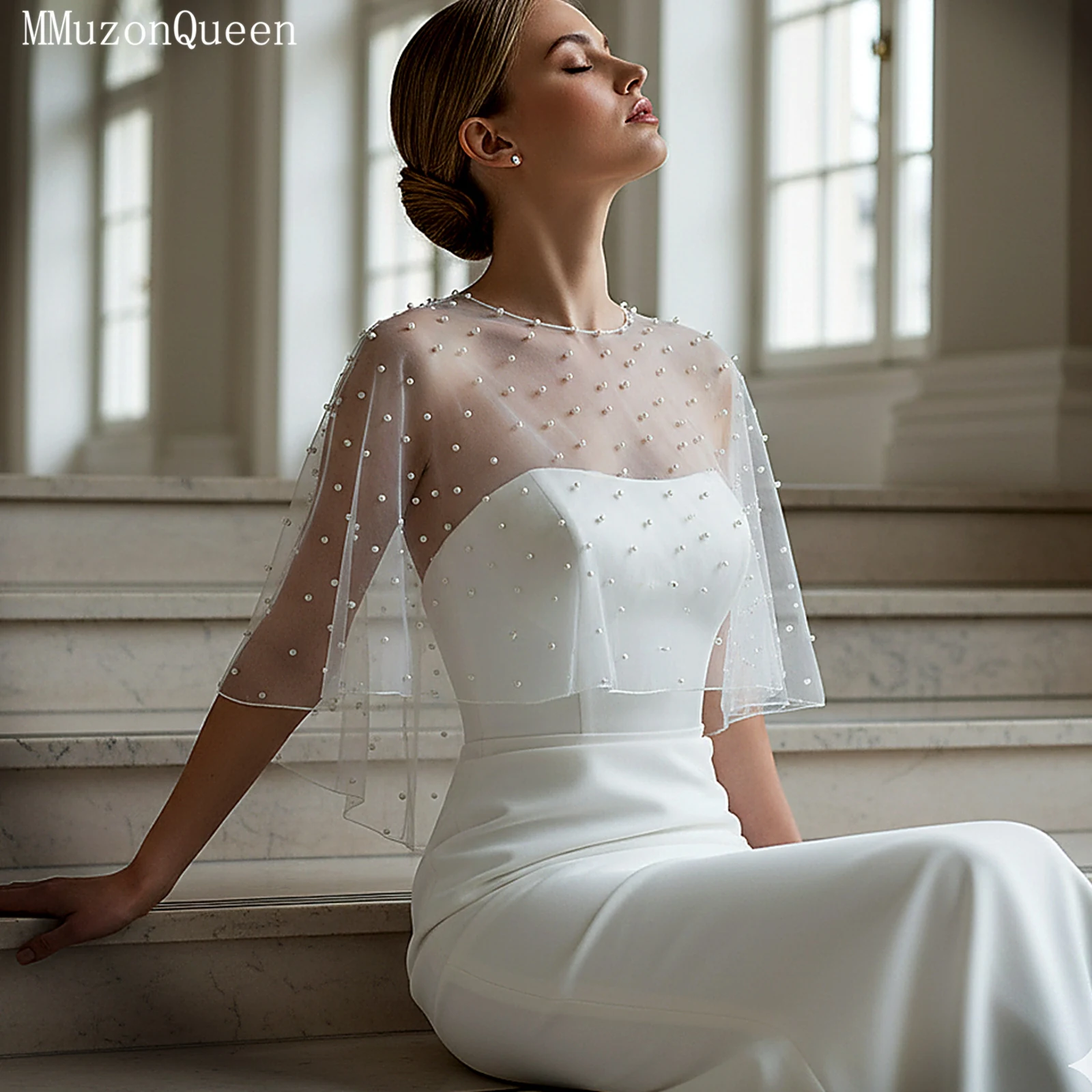 

TOPQUEEN Vg27 Свадебный аксессуар, шаль, свадебная накидка с жемчугом, свадебная шаль с коротким передом и длинной спиной, женская вечерняя шаль, настраиваемая