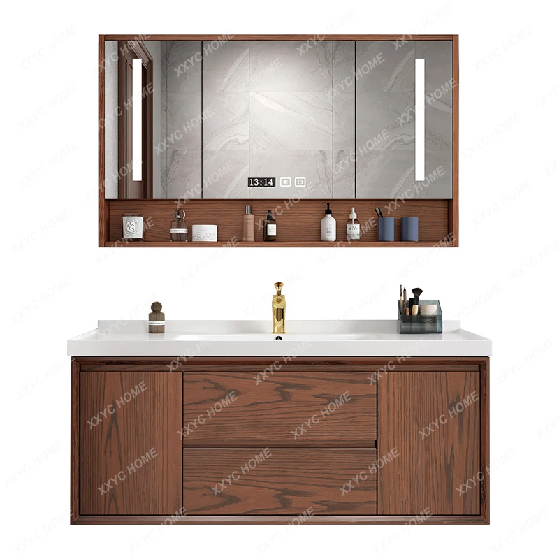 

Modern Minimalist Red Oak Bathroom Cabinet Ceramic Whole Washbin Solid Wood Bathroom Cabinet Smart Mirror Cabinet