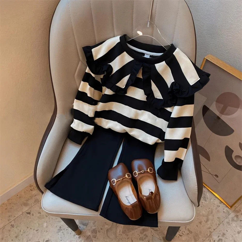 

Girls' Long Sleeve Set Autumn and Winter New Girls' Large Lapel Pleated Stripe Top+Bell-bottoms Two Piece Girls' Set