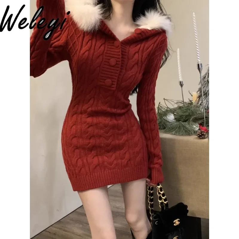 

Sexy Sweet Feather Hooded Stretch Short Knitted Dress Christmas Women's Autumn and Winter Elastic Knitted Sweater Hip Dresses