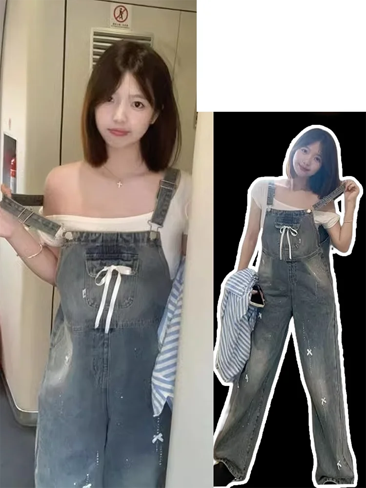 Women's Autumn Waed Wide Leg Jumpsuit American Style Retro High Waist Bow Knot Rhinestone Fashion Denim Jumpsuit