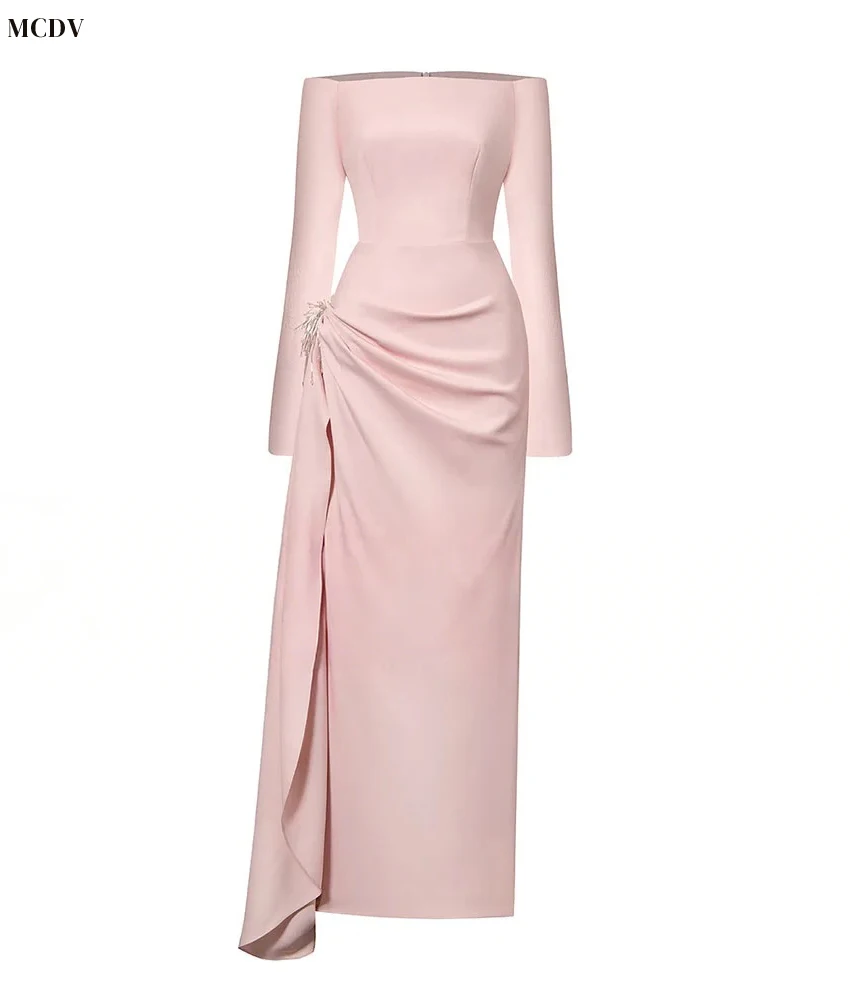 맞춤형 고급 저지 오프숄더 크리스탈 이브닝 드레스 섬세한 보트넥 긴 소매 파티 가운