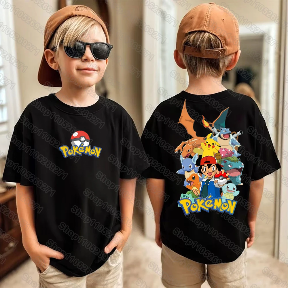 Camisetas con estampado de dibujos animados de Pokemons Pikachu para niños y niñas, camisetas informales de manga corta, ropa de moda Harajuku para niños
