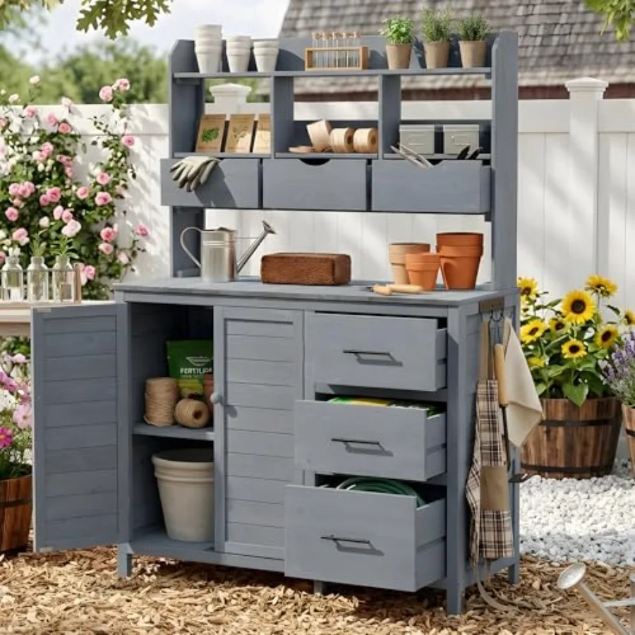 Farmhouse Patio Potting Bench 44.6''x19.5'' Large Freestanding Garden Workstation, Outdoor Kitchen Island with 6 Drawers, Botto