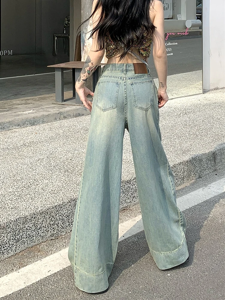 High Street Girl Toweling Oversized Jeans High Waist Loose Casual Vintage Denim Pants Streetwear Fashion Pocket Trousers Female