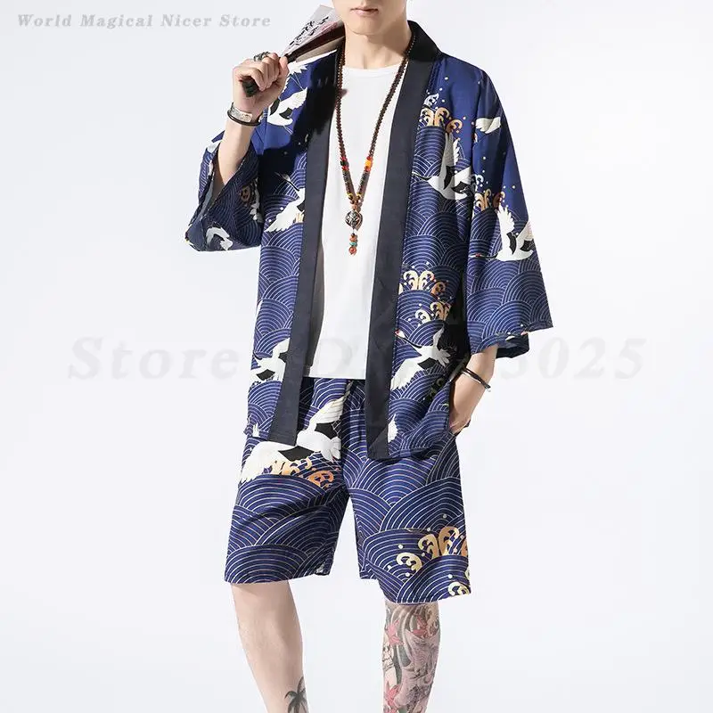 

Men Kimono Japanese Traditional Costumes Fashion Kimono Haori Cardigan Children Beach Wear 2025 Summer 5XL Tops Shorts Outfits
