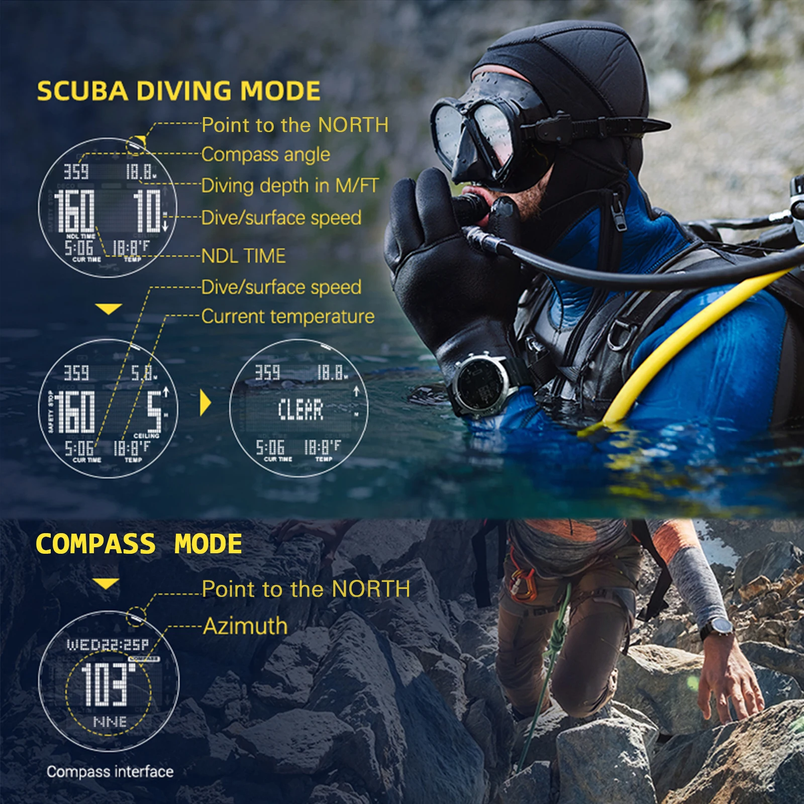 Digital Dive Watch for Men Dive Computer Watch Scuba Diving Watches Men\'s Wrist Watches with Compass Altimeter Barometer