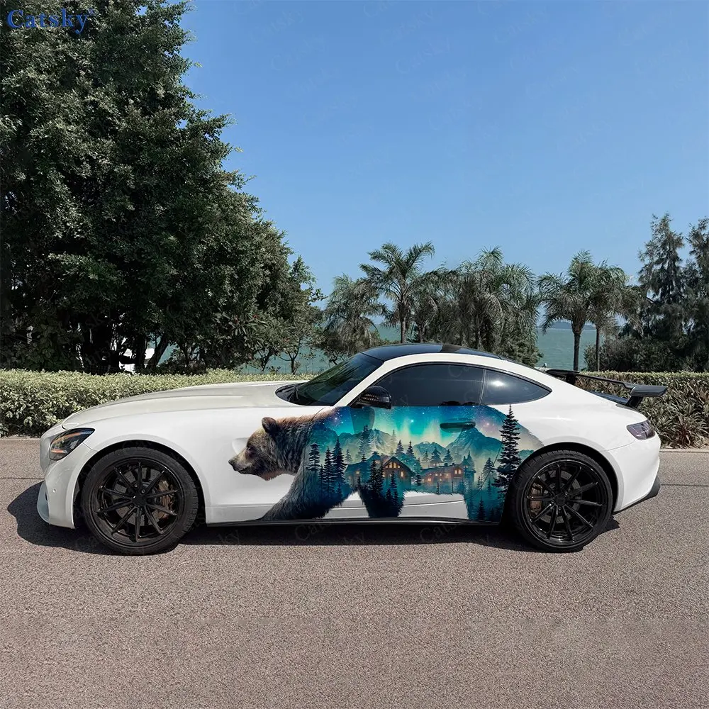 

2pcs Bear In Mountain Aurora Realm, Durable, Fade-resistant, Enhance Vehicle Aesthetics With Bold Artistic Design Car Vinyl Wrap