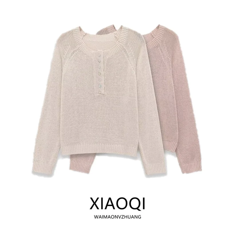 

Casual Knitted Long Sleeve round Neck Commute Style Women's Sweater Button Detail Fashionable Spring Summer New Arrival