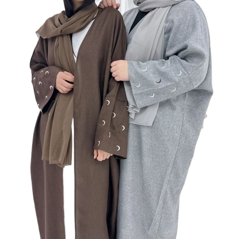 UNI – Robe musulmane pour femmes musulmanes, Ramadan Eid, solide, ethnique, broderie de lune, koweïtien, marocain, manches chauve-souris, Kimono ouvert Abaya