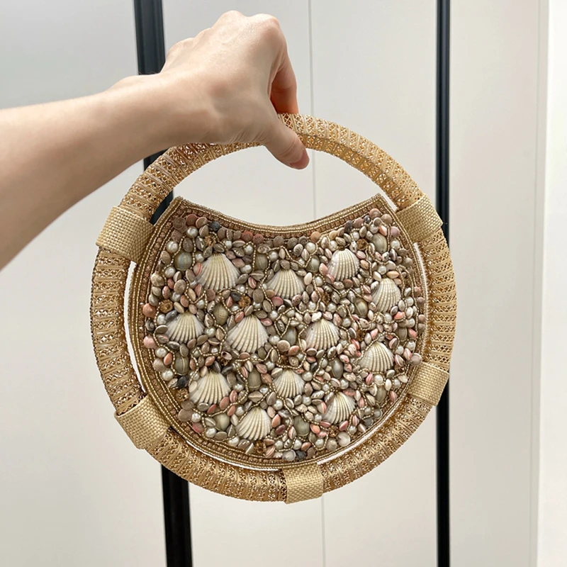 DOYUTIG Brand Women\'s Indian Handmade Shell Tote Bag Vintage Beads Evening Bag Lady Fashion Shiny Party Rhinestone Handbag N016