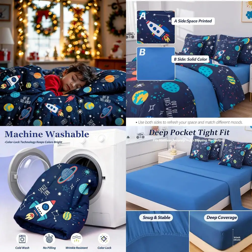 

Комплект детского постельного белья Rocket & Galaxy из 7 предметов с простынями с глубокими карманами, можно стирать в машине для комнаты и подарков по космическому пространству