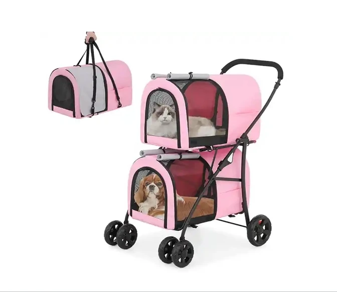 

Folding cat and dog travel carrier double layer pet stroller with storage bag