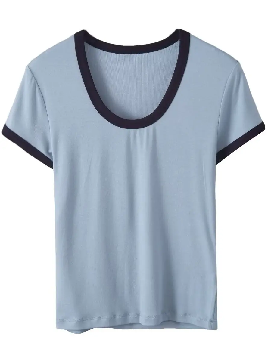 

Summer New Women's round Ne T-irt Casual Multi-Color Sweet Match Color Decoration Loose Fit ort Sve Top