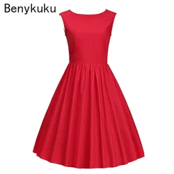 Solid Red Audrey Hepburn 50s 60s Rockabilly Vintage Dress Summer Robe Pinup Party Dresses Elegant Women Clothing 4XL Vestidos