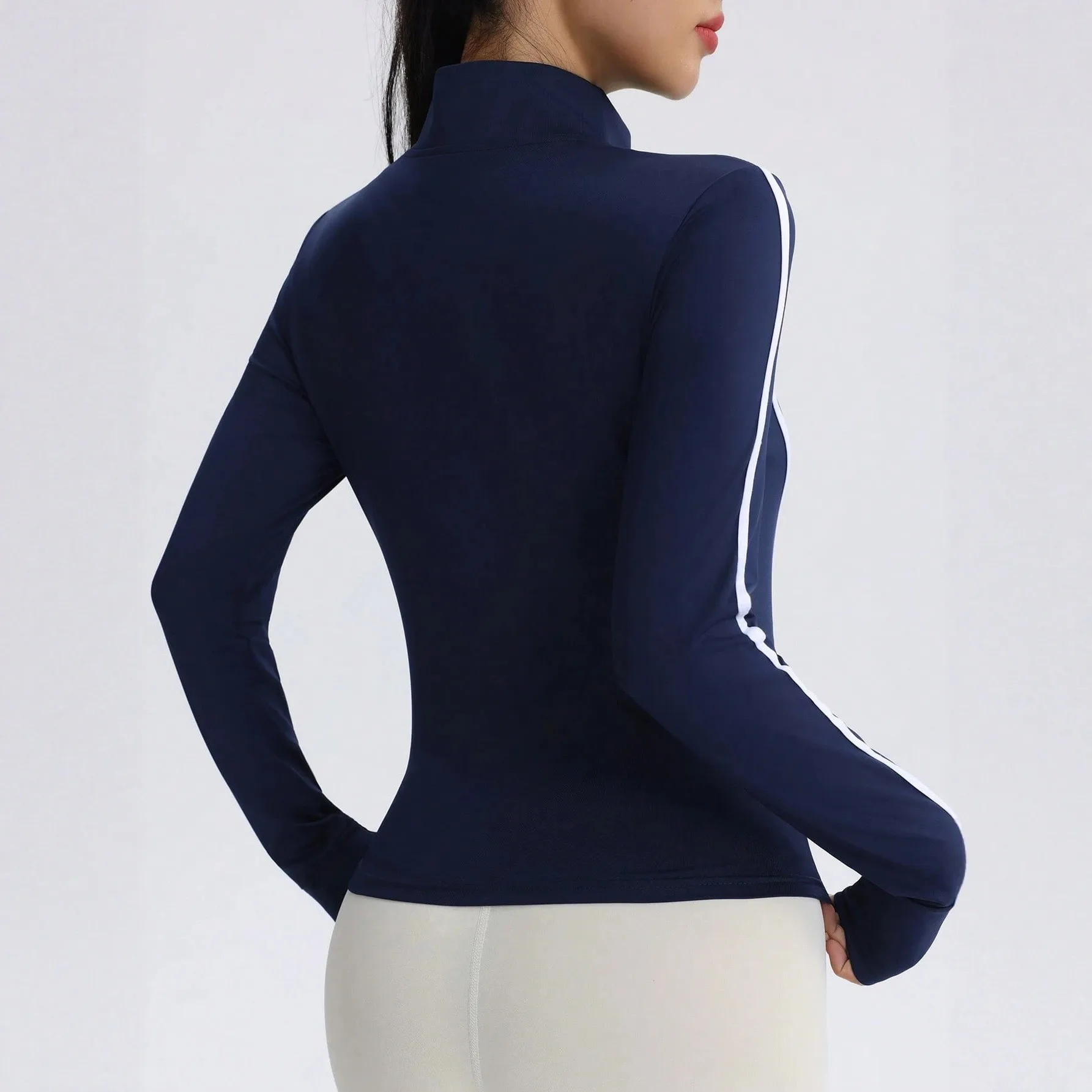 Ladies' Autumn And Winter Stand Up Collar Sports Jacket Slim Fit Long Sleeved Side Striped Fitness Yoga Top