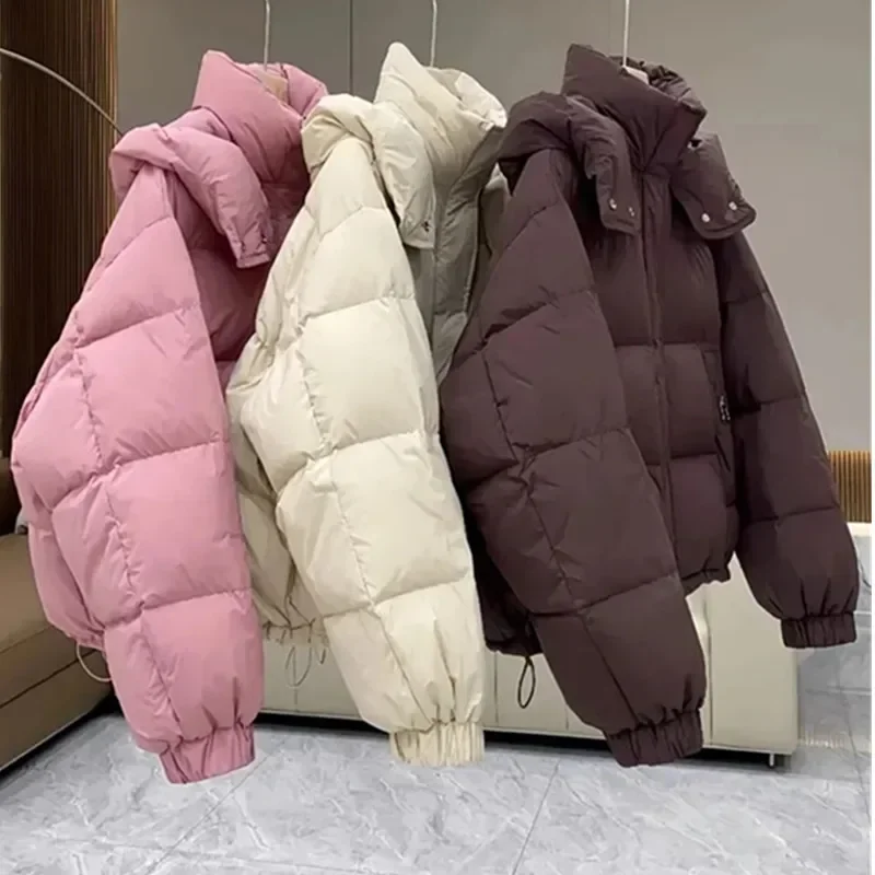 

2024-RFRE New Korean Winter Jacket Women Parkas Casual Loose Down Coat Oversize Hooded Warm Soft Cotton Puffer Snow Wear Jackets