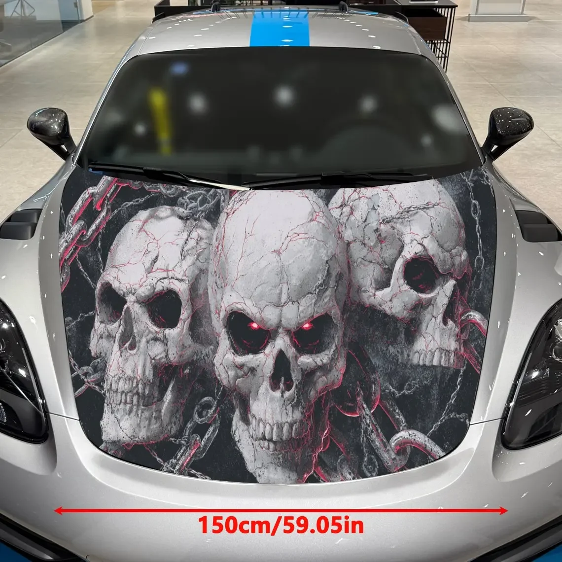 Chained Red-Eye Skulls Wonder Journey PVC Car Engine Hood Vinyl Wraps, Self-Adhesive Waterproof Car Hood Decal Sticker, Car Deco