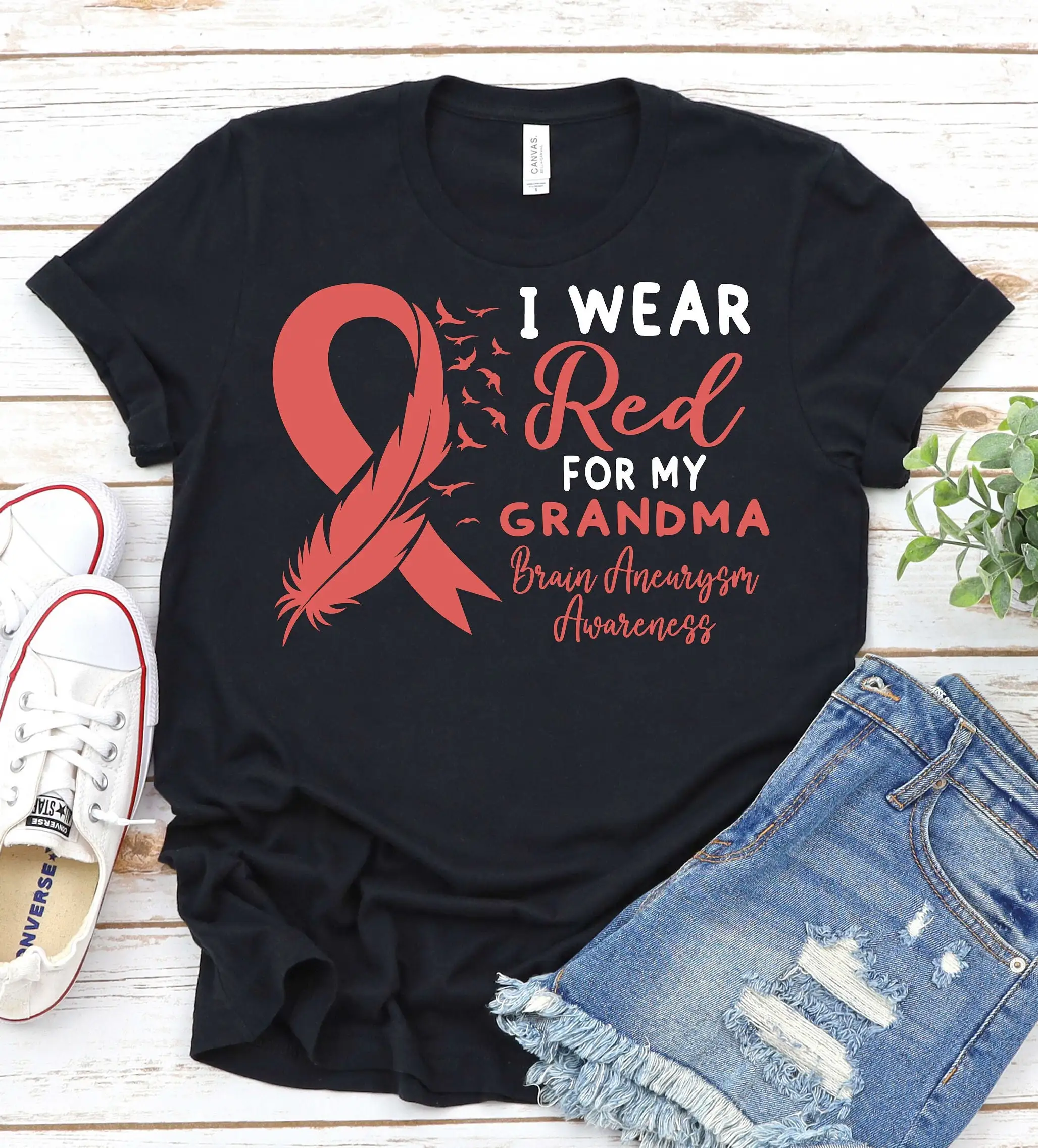 Brain Aneurysm Awareness T Shirt Red Ribbon Rupture Support Grandma Cerebral