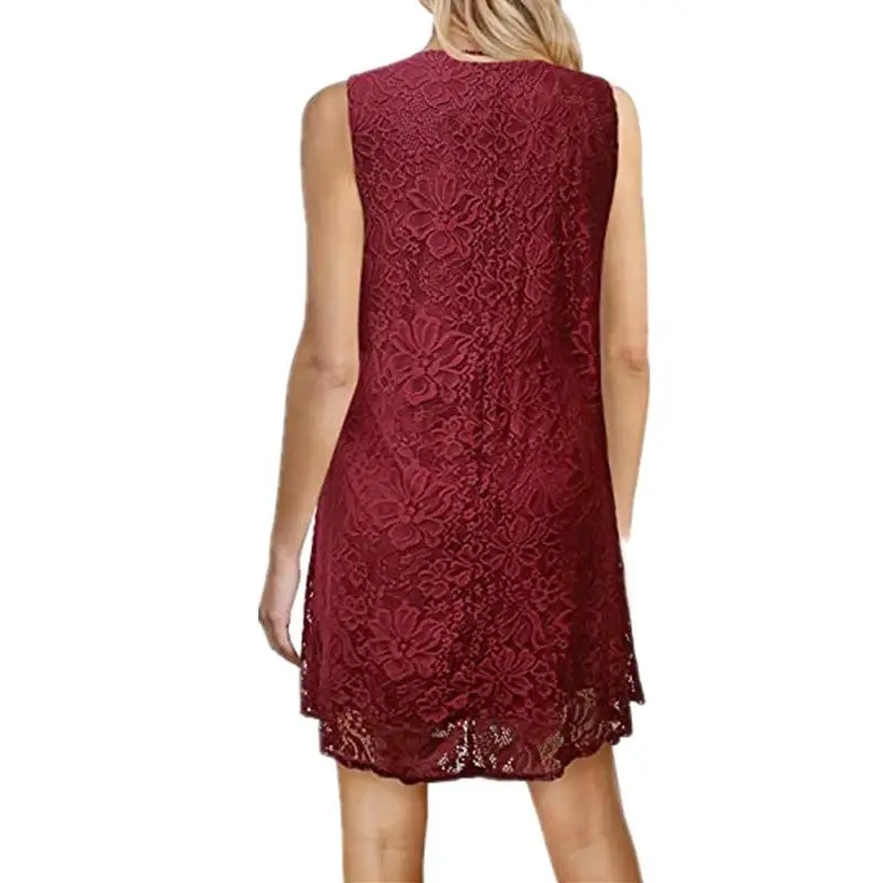 여성용 스웨이드 레이스 드레스 캐주얼 슬레 미드 웨이스트 A라인 스커트 폴리에스터 원단 라운드 넥 여름 패션 기본 모델