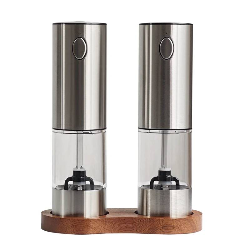 

AC17-Electric Salt And Pepper Grinder Set Rechargeable Automatic Pepper Grinder With Wooden Tray For Home Electric Grinder