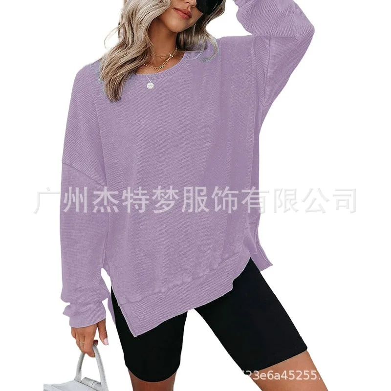 Round Neck Long Sleeve Side Split Waffle Sweater T-shirt Women's 2025 Autumn New  European and American Women's Clothing