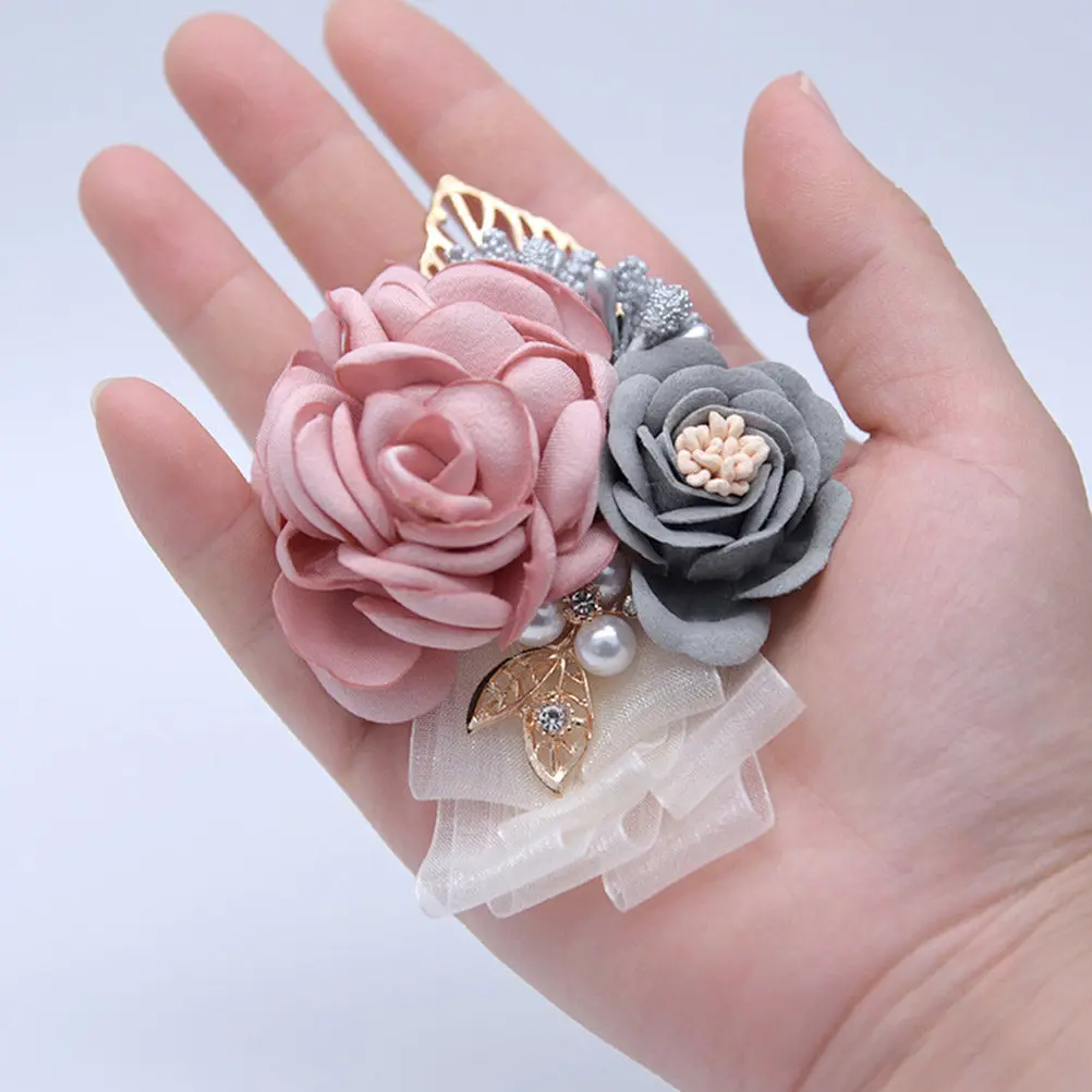 Open Artificial Flower Wrist Flower Pearl Wristband Rhinestone Ribbon Wedding Prom Dance Party Bridal Wrist Flowers