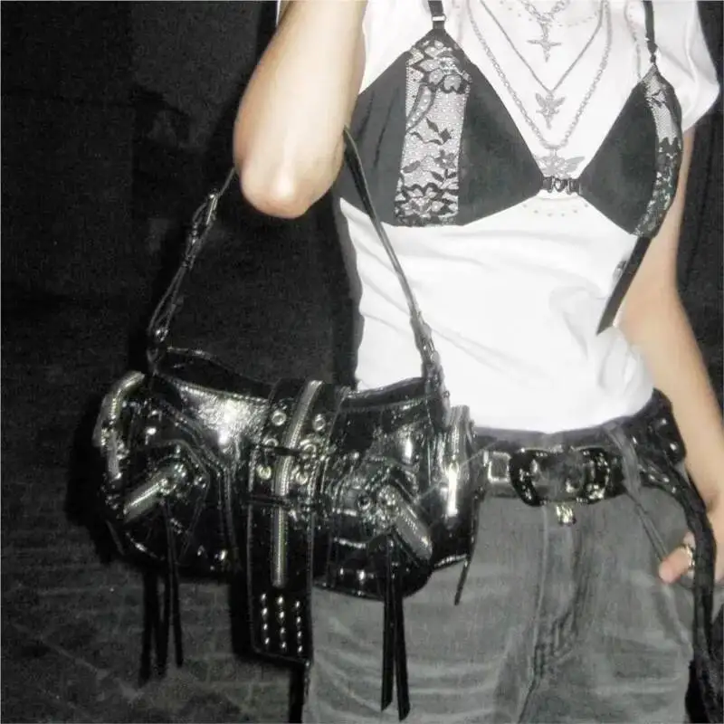 Bloom Moto Biker Black Shoulder Wallet Women Sweet Cool Leather Y2k Handbag Ladies High Street Casual Crossbody Bags 2025