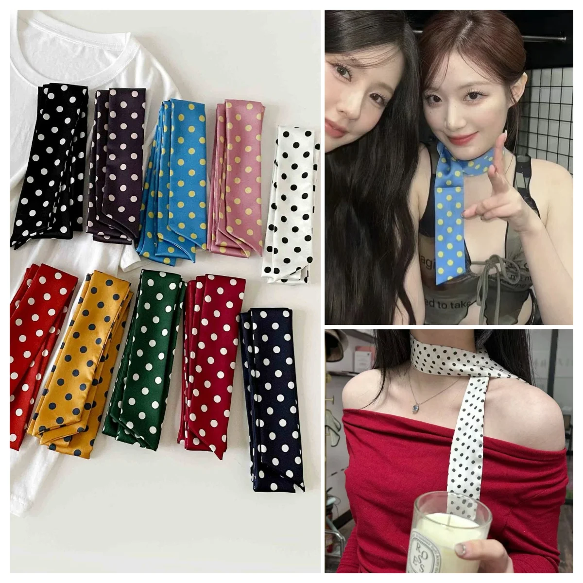 

20Colors Polka Dot Long Narrow Silk Scarf Strip Ribbons for Hair Ins Simple Neck Silk Scarfs Square Thin For Women Bag Tie 5*180