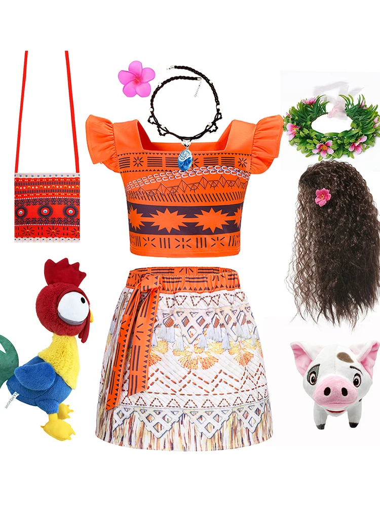 Conjunto de 2 uds para niños, vestido Moana con estampado completo para niñas, fiesta de Carnaval de cumpleaños, conjunto de ropa para niños de 2 a 10 años con collar informal