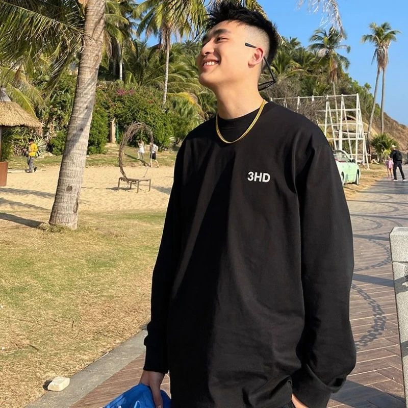Spring Autumn Men's Pure Cotton Long Sleeve Tee Loose Fit Crew Neck HK Style Casual Student Base Layer Pullover Top