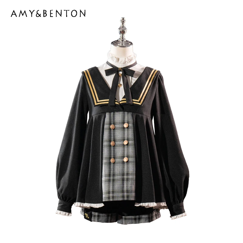 

Original Design Retro Prince Clothing Lolita Preppy Style Splicing Color Navy Collar Lantern Sleeve Top Shorts Two-piece Set