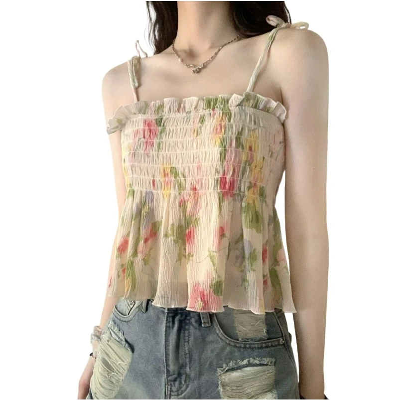 Summer Chiffon Sleeveless Female Tank Tops HotSweet Fresh Floral Print Camisole Sling Vest Cool Lightweight Lovely Beach Style