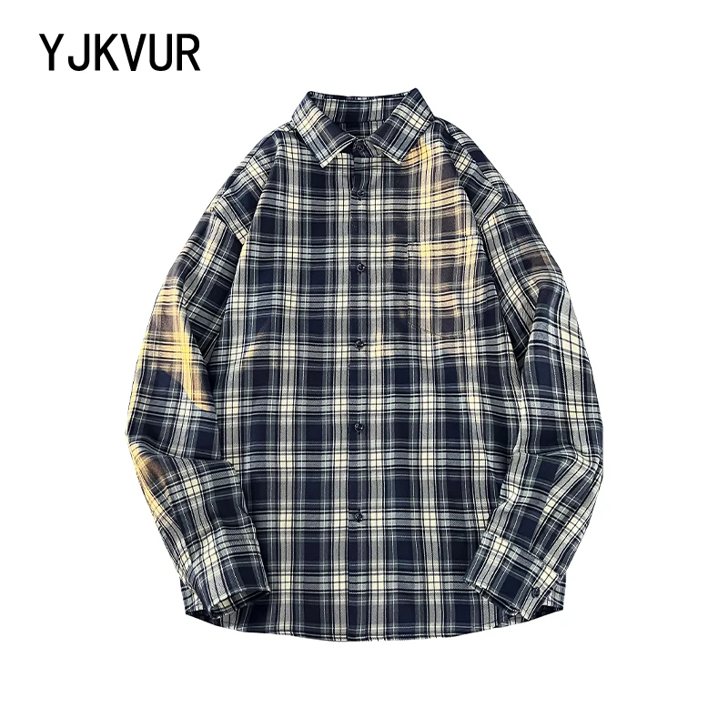 

YJKVUR High Standard 2025 Spring New Super Loose Plaid Shirts Men Chest Pocket Washed Vintage Casual Long Sleeve Check Shirts