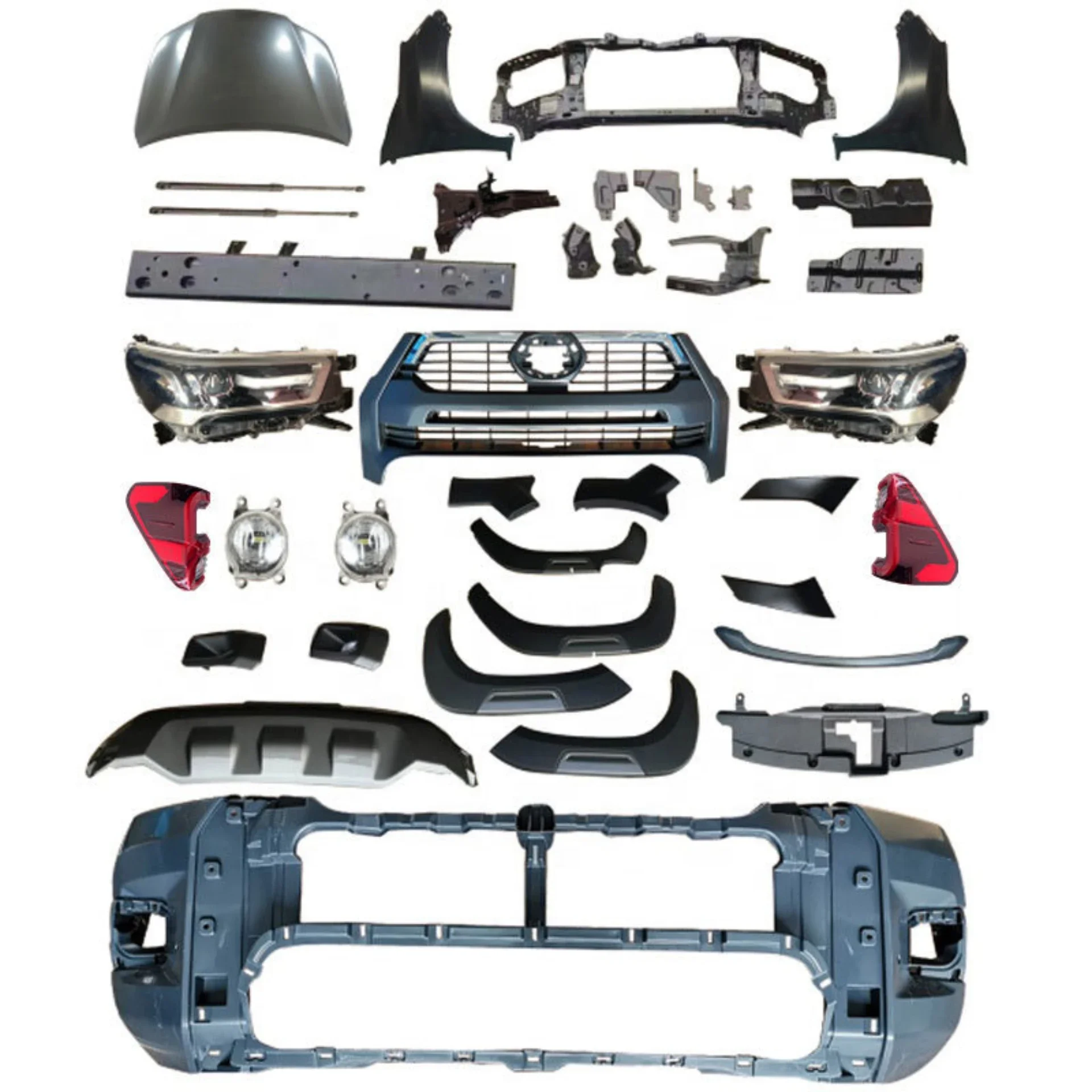 

Body Kit Front Rear Bumper Assembly For Toyota HiLux 08-12 Modified to Rocco 21 Headlight Grill Mask Engine Hood Fender