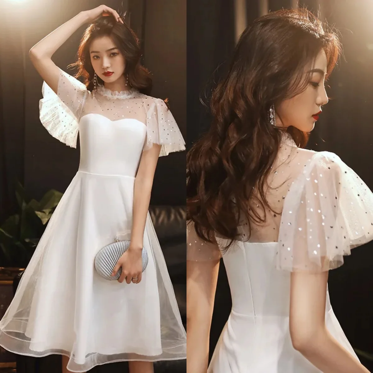 

Prom Gowns white O-neck Short Sleeves Zipper Back A-line Knee-length Plus size Customization Women Party Formal Dresses R1526