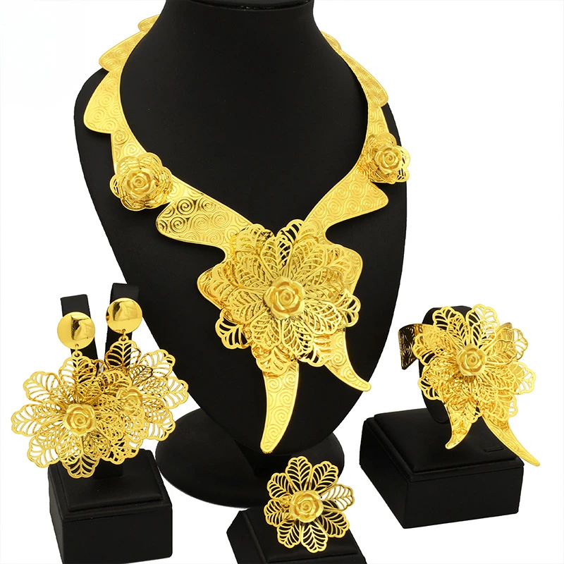 

European and American Gold Color Exaggerated Flower Jewelry Set Middle East Dubai Jewelry Four Necklaces Earring Bracelets Ring