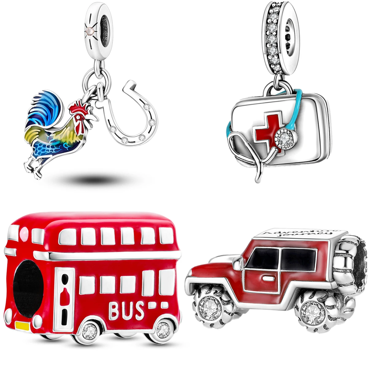 925 Sterling Silver Rooster Car Medical Red Series Charm Fit Original Pandora Bracelet Necklace Trinket DIY Women Jewelry Gift