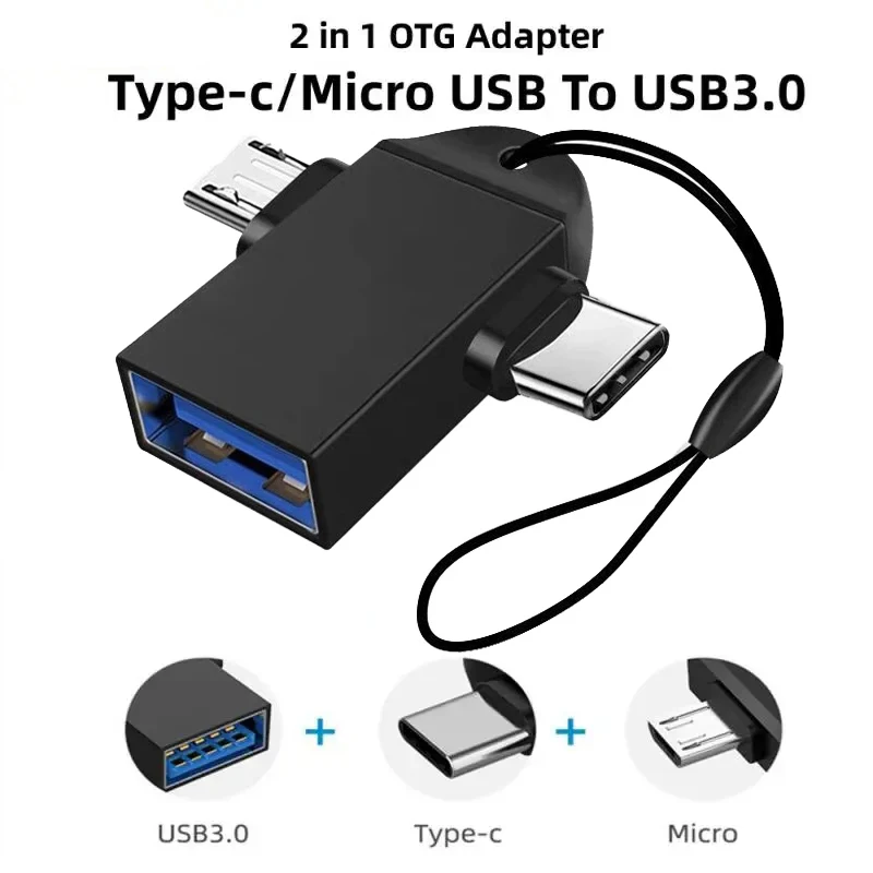 2-in-1 Type C Micro USB 3.0 OTG Adapter Converter for Samsung Xiaomi Android Phone Tablet U Disk Card Reader USBC with Key Chain