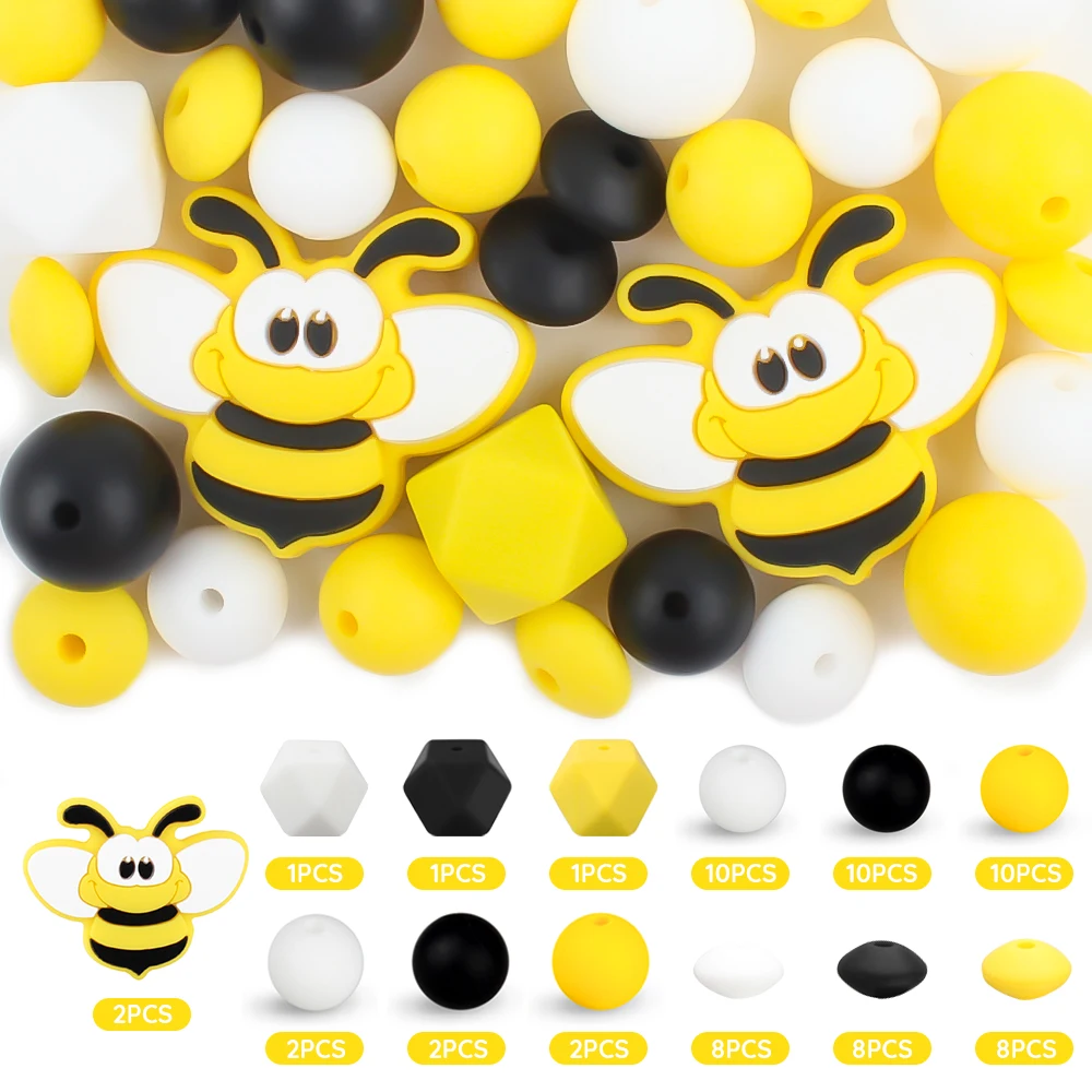 65Pc/Set Baby Silicone Beads Cute Bees Cartoon Teether Teething Bead for Pacifier Chian Clip Bracelet Necklaces Accessories Gift