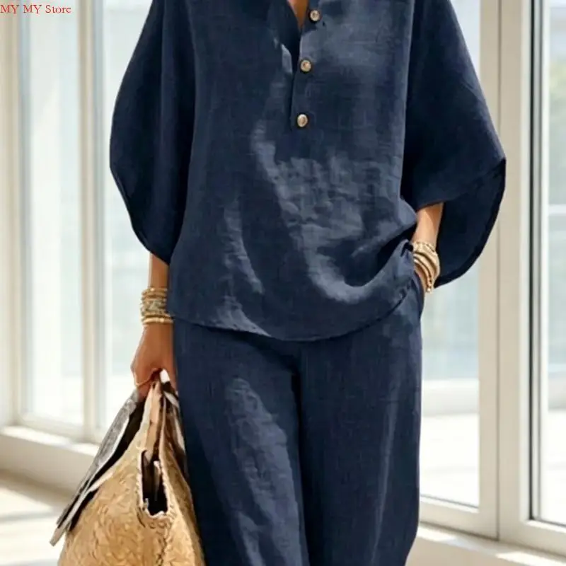 Two Piece Set for Women Spring Outfits 2026 Summer Fashion Casual Button Down Shirt Wide Leg Pants Lounges Set