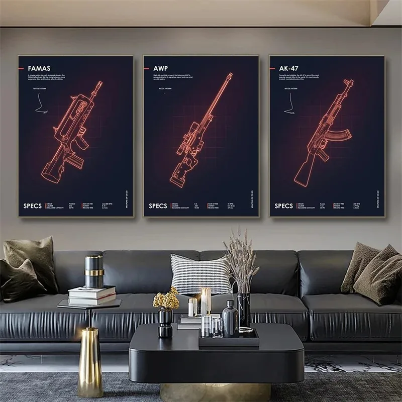 Ak 47 ,Famas Cs Go Neon Gun Canvas Print Posters Cool Gun Cs Go Neon Weapons Mural Canvas Wall Art Poster Home Room Decor Gifts